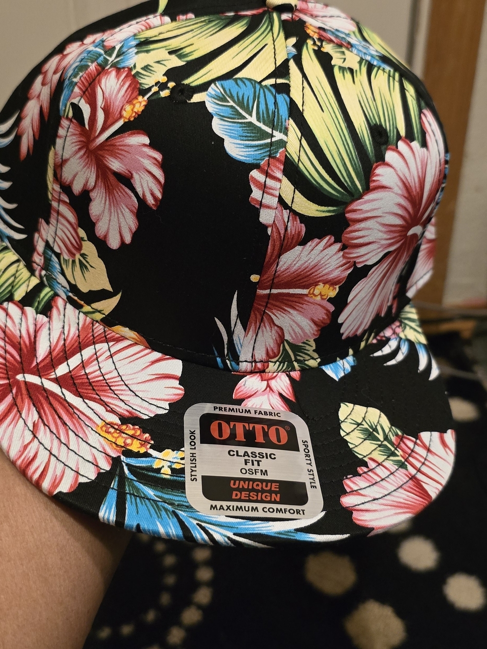 OTTO  Floral One-Piece Hat in Black with Pink & Green Hibiscus